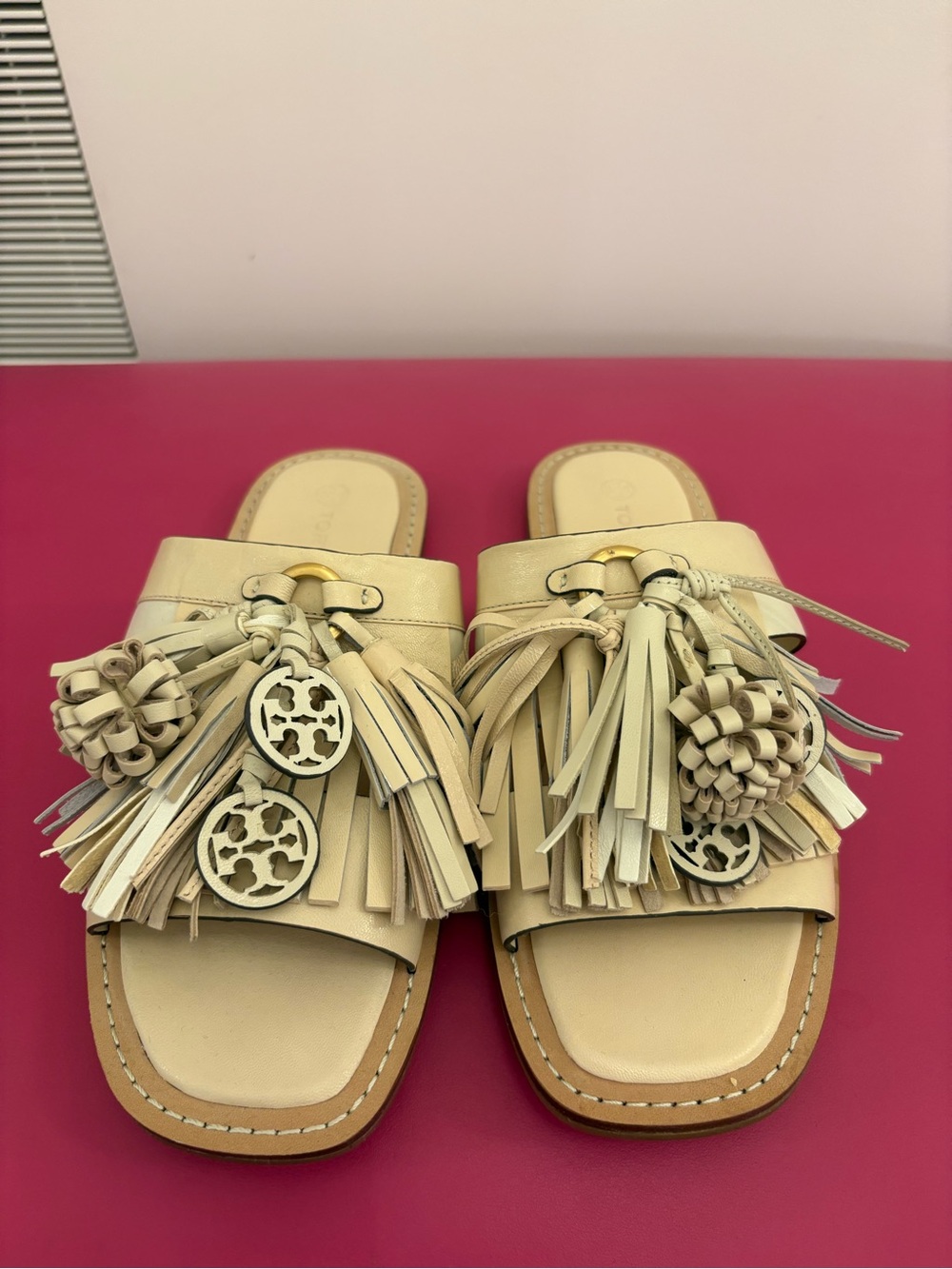 Tory Burch Cream Tassel Slide Sandals with Logo Charms